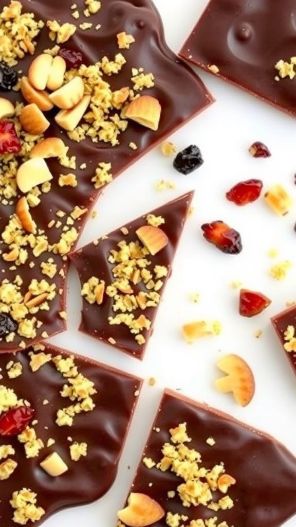 Crispy quinoa chocolate bark pieces with nuts and dried fruits on a white plate.